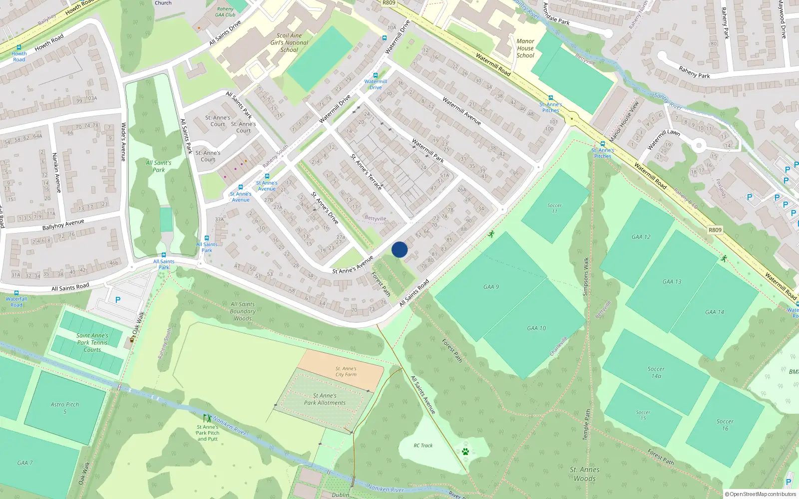 Overhead map showing the location of 54 St Annes Avenue, Raheny, Dublin 5