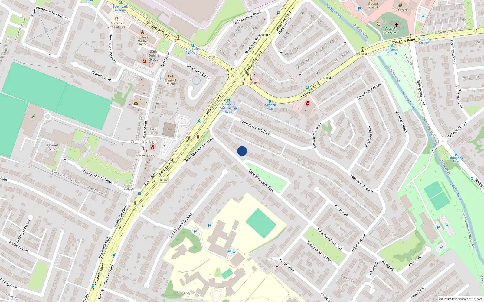 Overhead map showing the location of 54 St Brendans Park, Dublin 5, Dublin