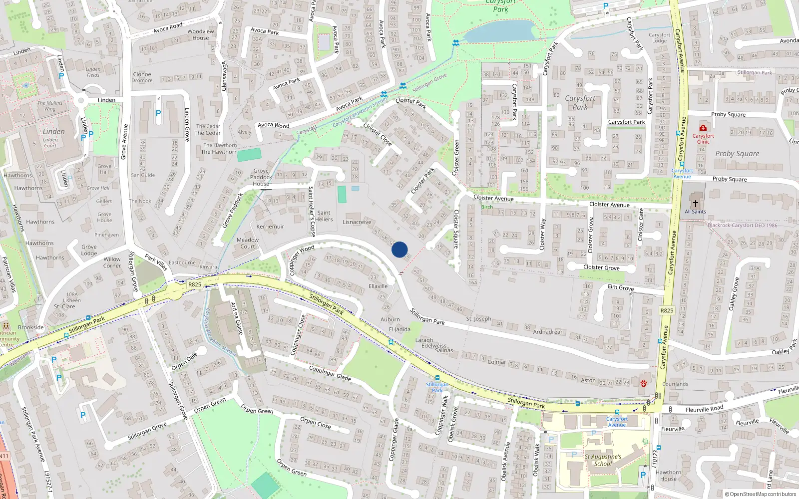 Overhead map showing the location of 54 Stillorgan Park, Dublin