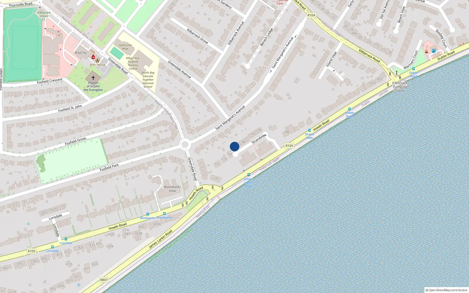 Overhead map showing the location of 54 Strand View, Howth Road, Dublin 5