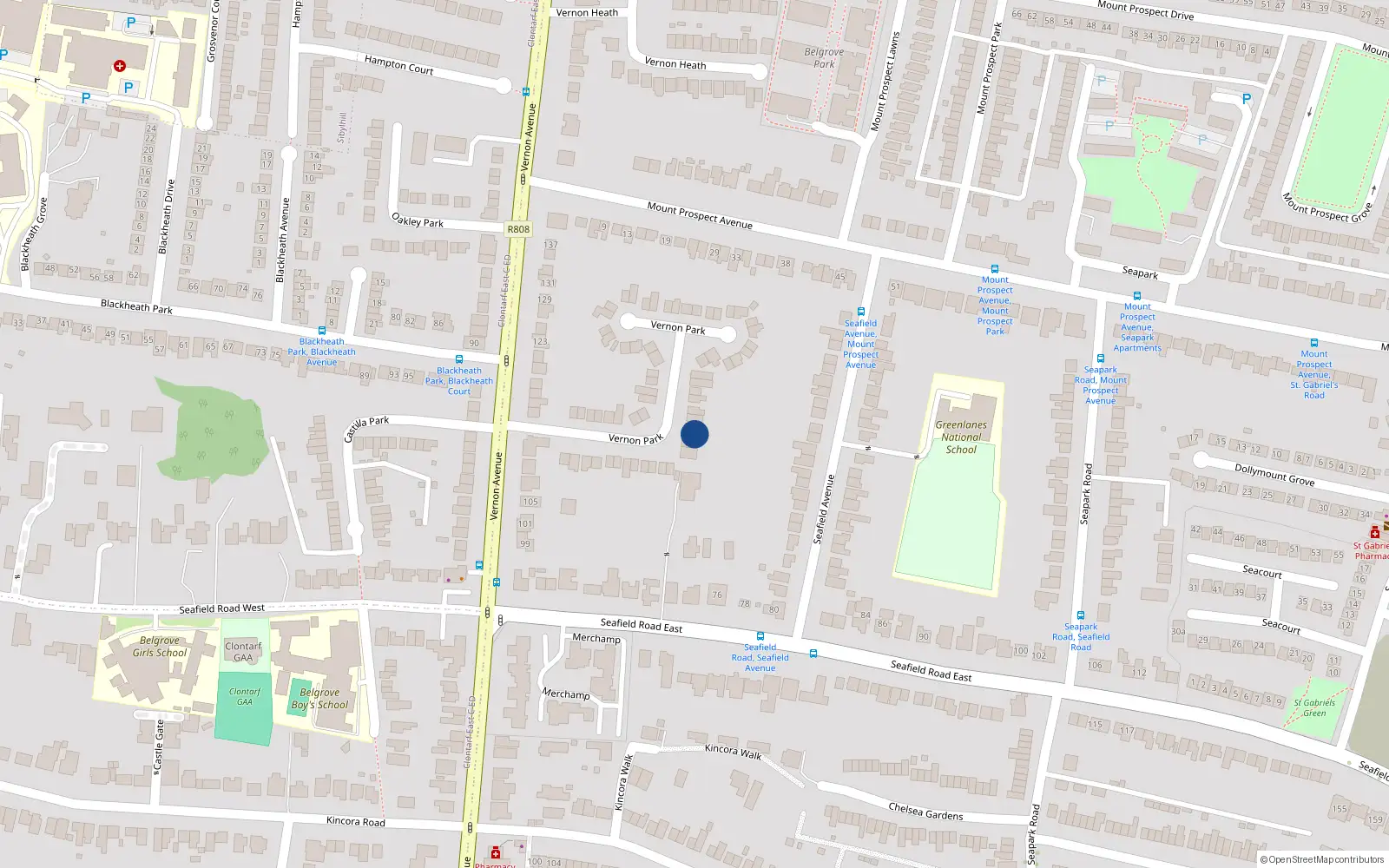 Overhead map showing the location of 54 Vernon Park, Dublin 3