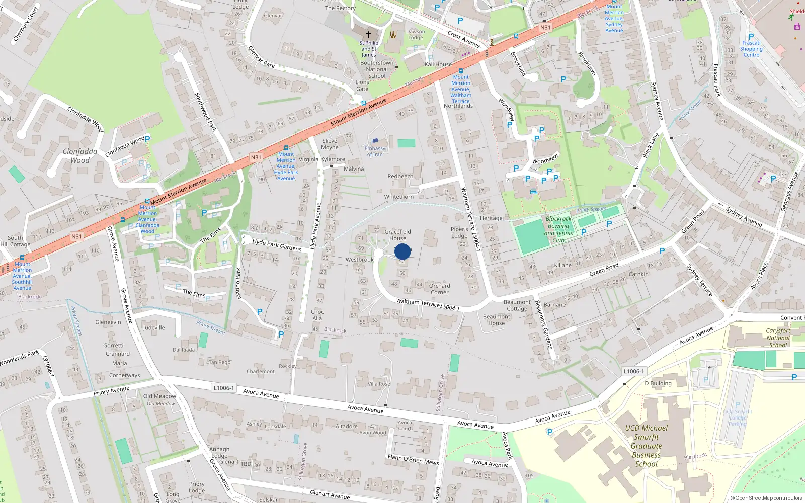 Overhead map showing the location of 54 Waltham Terrace, Blackrock, Co. Dublin