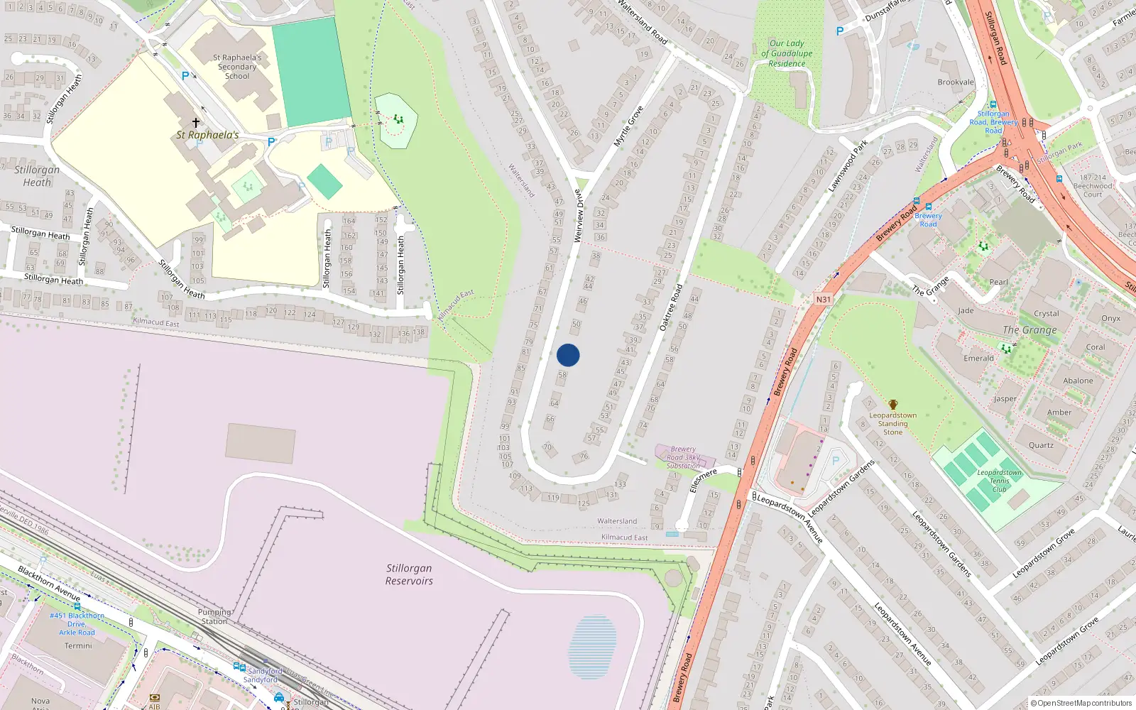 Overhead map showing the location of 54 Wierview Drive, Stillorgan, Dublin