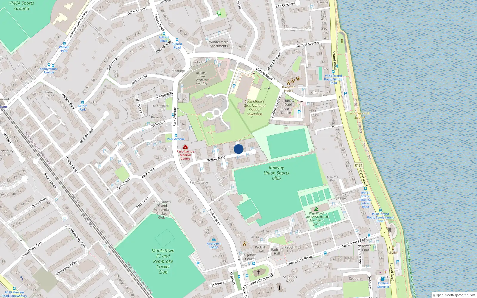 Overhead map showing the location of 54 Willow Field, Sandymount