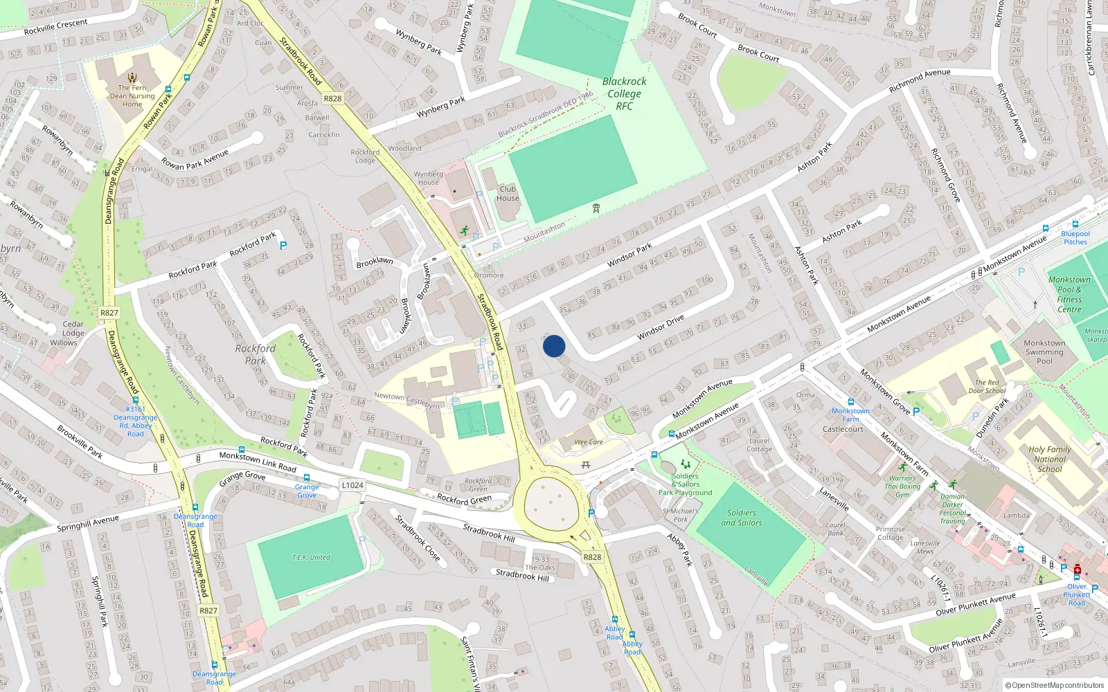 Overhead map showing the location of 54 Windsor Drive, Monkstown