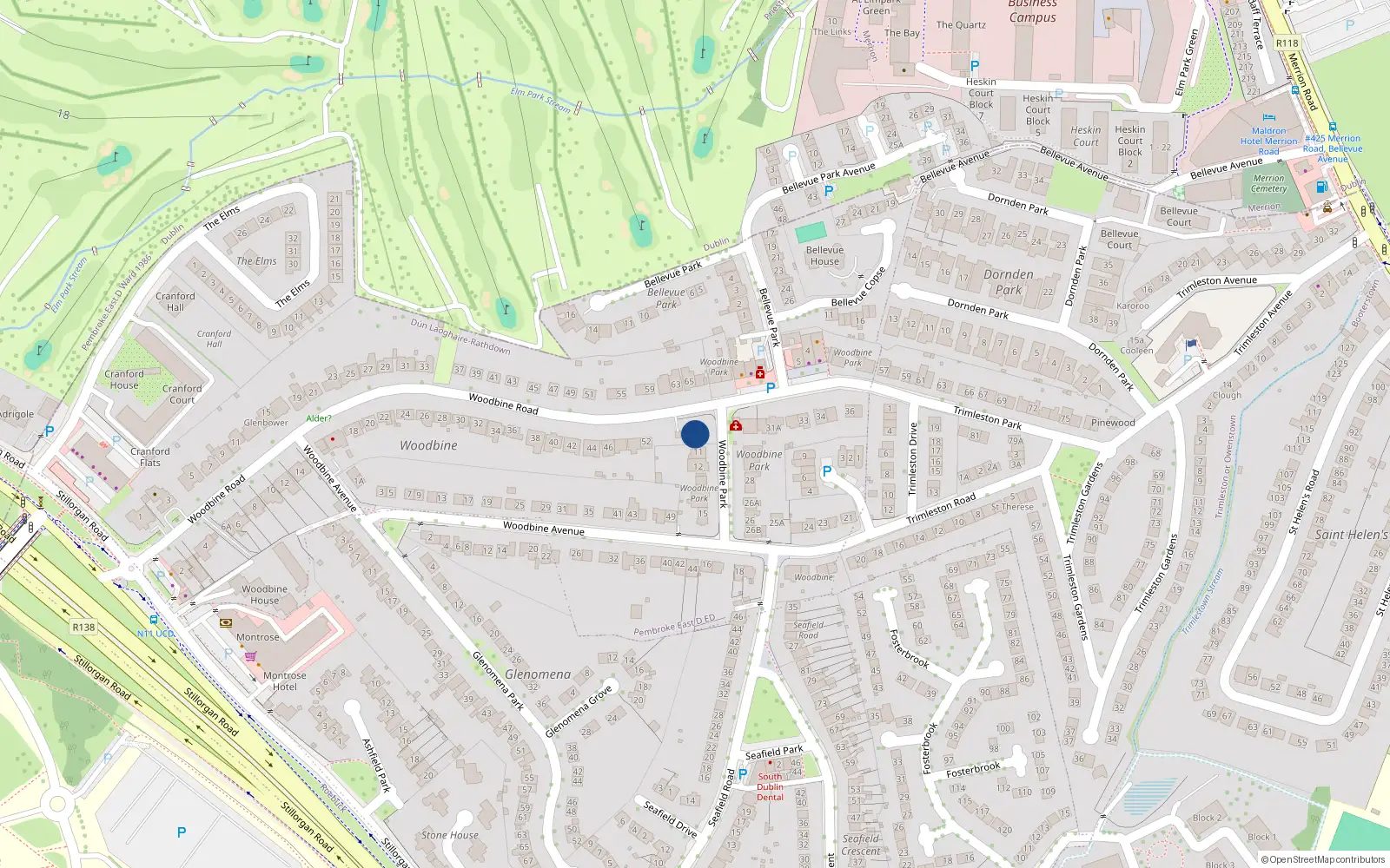 Overhead map showing the location of 54 Woodbine Road, Blackrock, Dublin