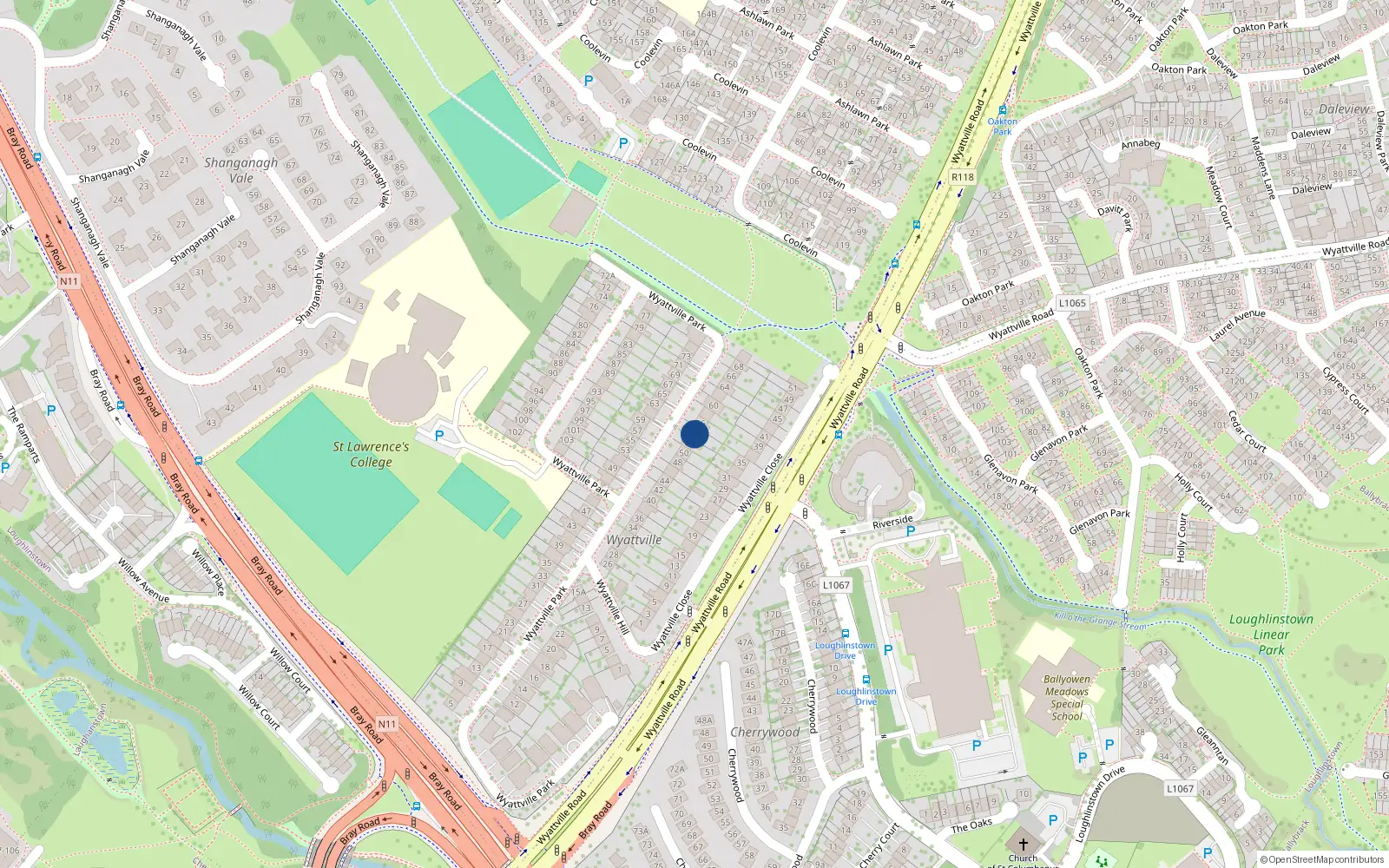 Overhead map showing the location of 54 Wyattville Park, Dublin