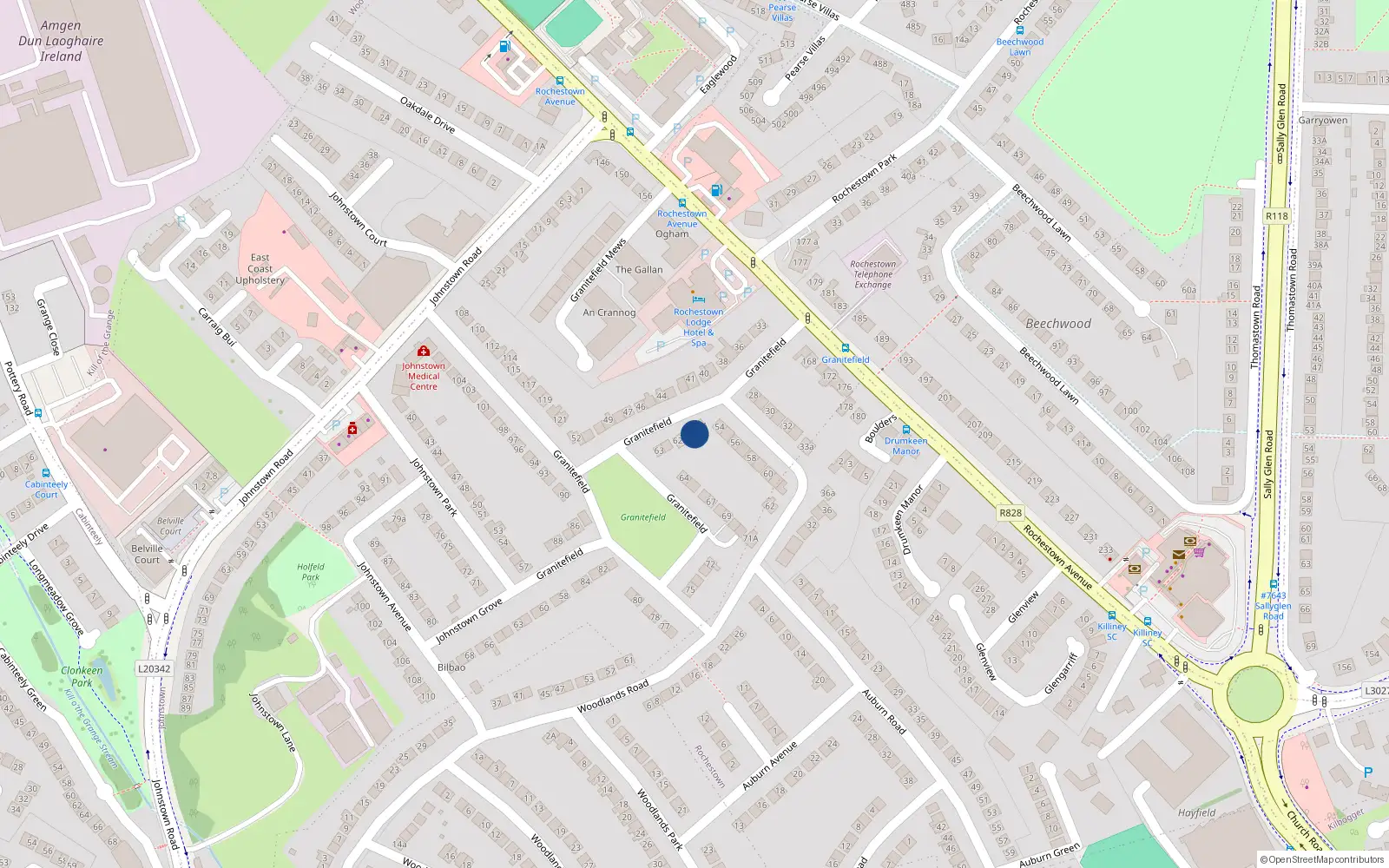 Overhead map showing the location of 54B Granitefield, Dun Laoghaire, Dublin