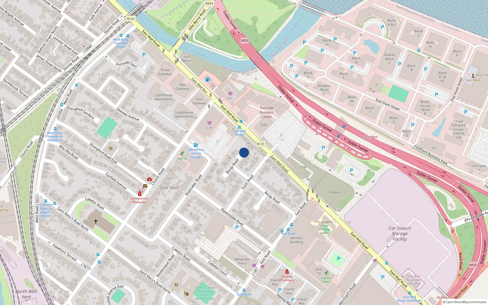 Overhead map showing the location of 55 Bargy Road, East Wall, Dublin 3, D03x579
