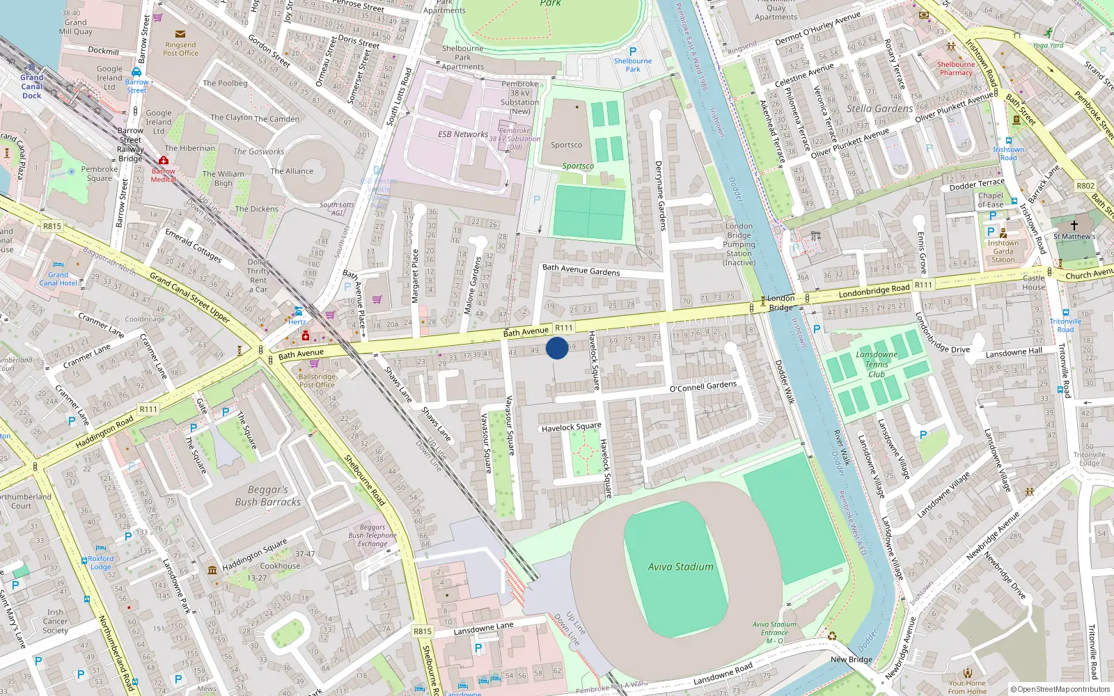 Overhead map showing the location of 55 Bath Avenue, Dublin 4