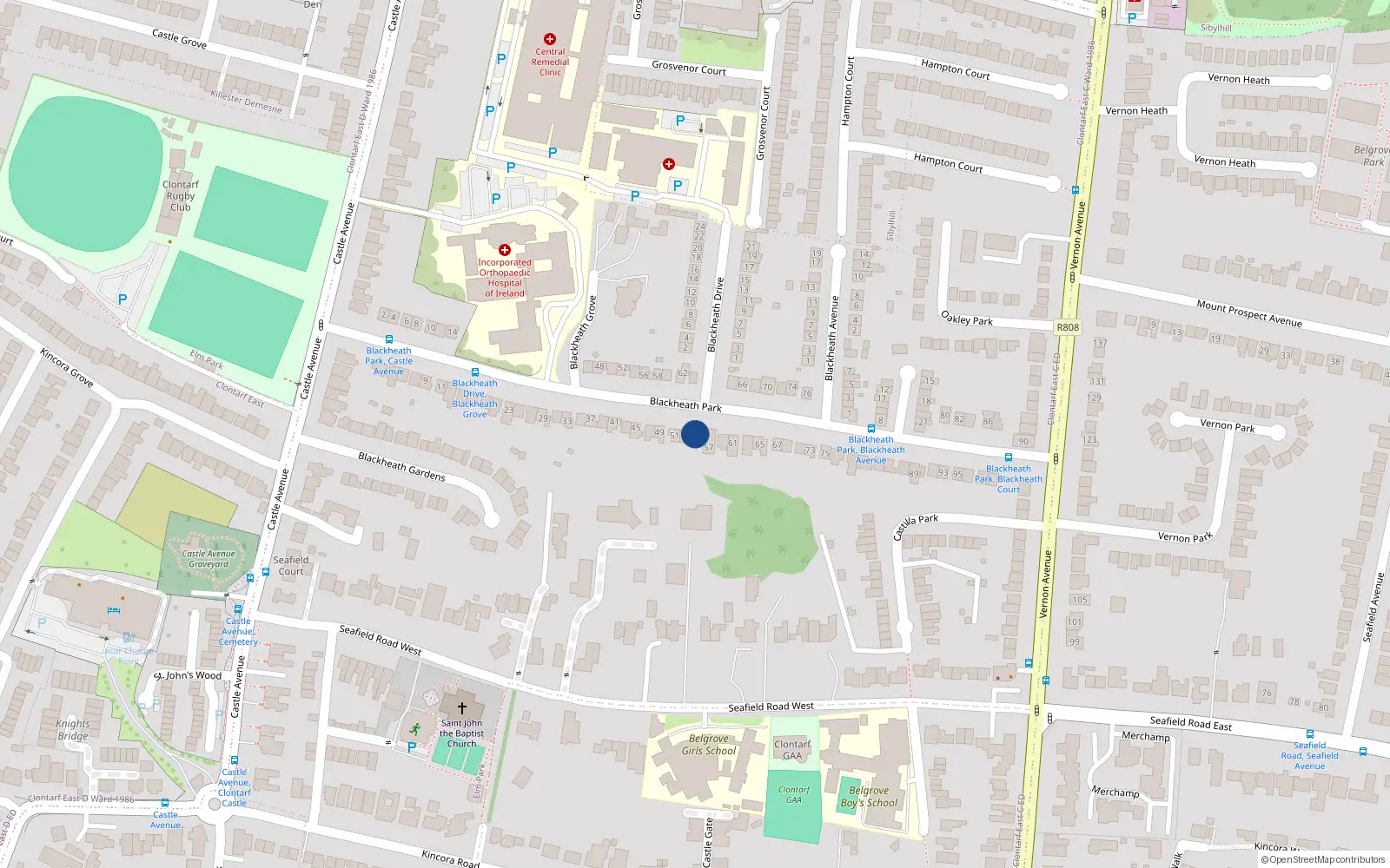Overhead map showing the location of 55 Blackheath Park, Clontarf, Dublin