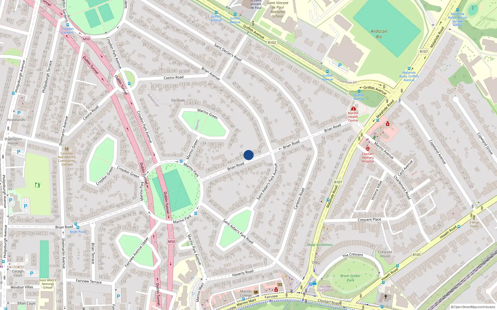 Overhead map showing the location of 55 Brian Road, Marino, Dublin 3