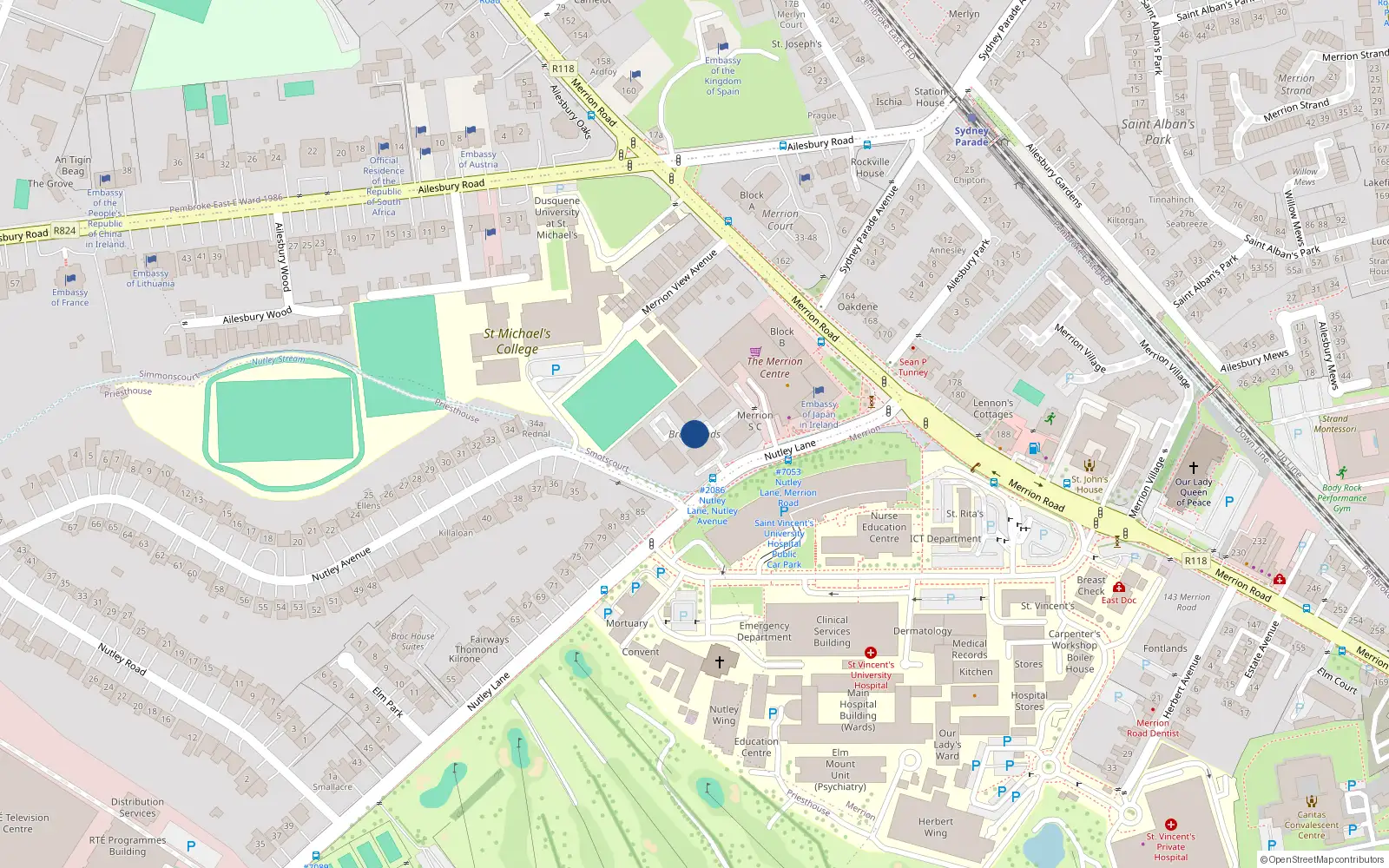 Overhead map showing the location of 55 Brooklands, Nutley Lane, Donnybrook Dublin 4