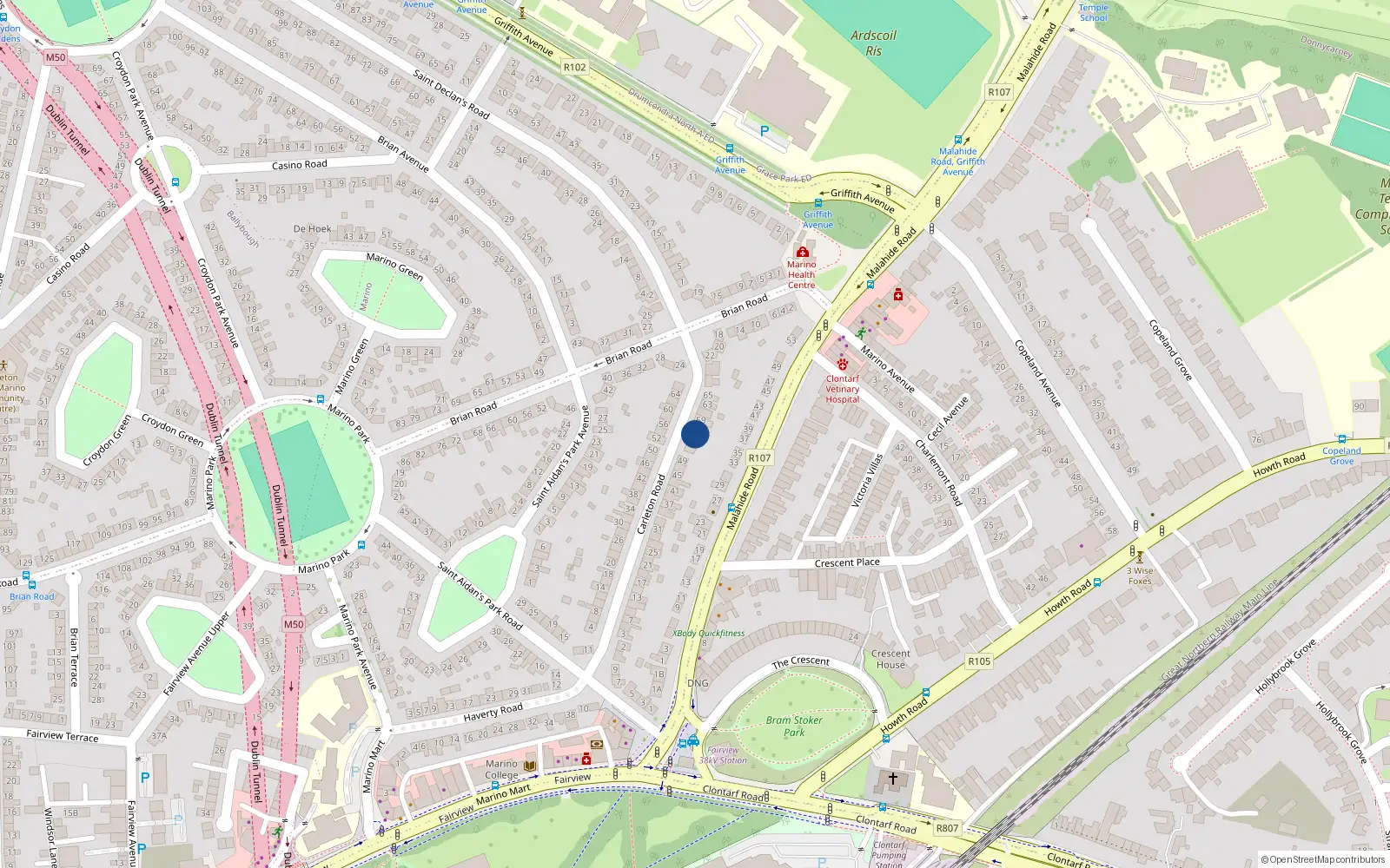 Overhead map showing the location of 55 Carleton Road, Dublin 3
