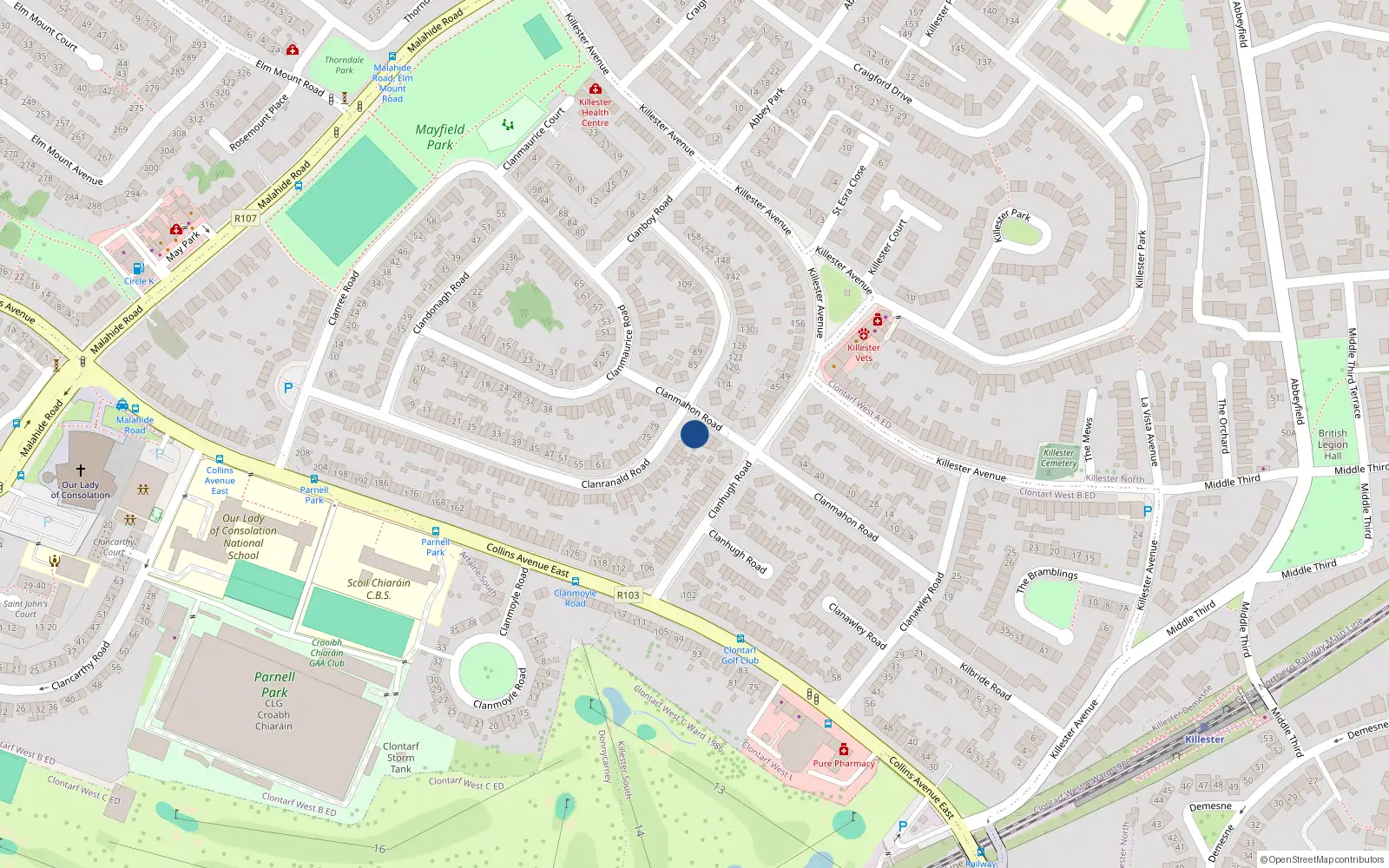 Overhead map showing the location of 55 Clanmahon Road, Donnycarney, Dublin 5