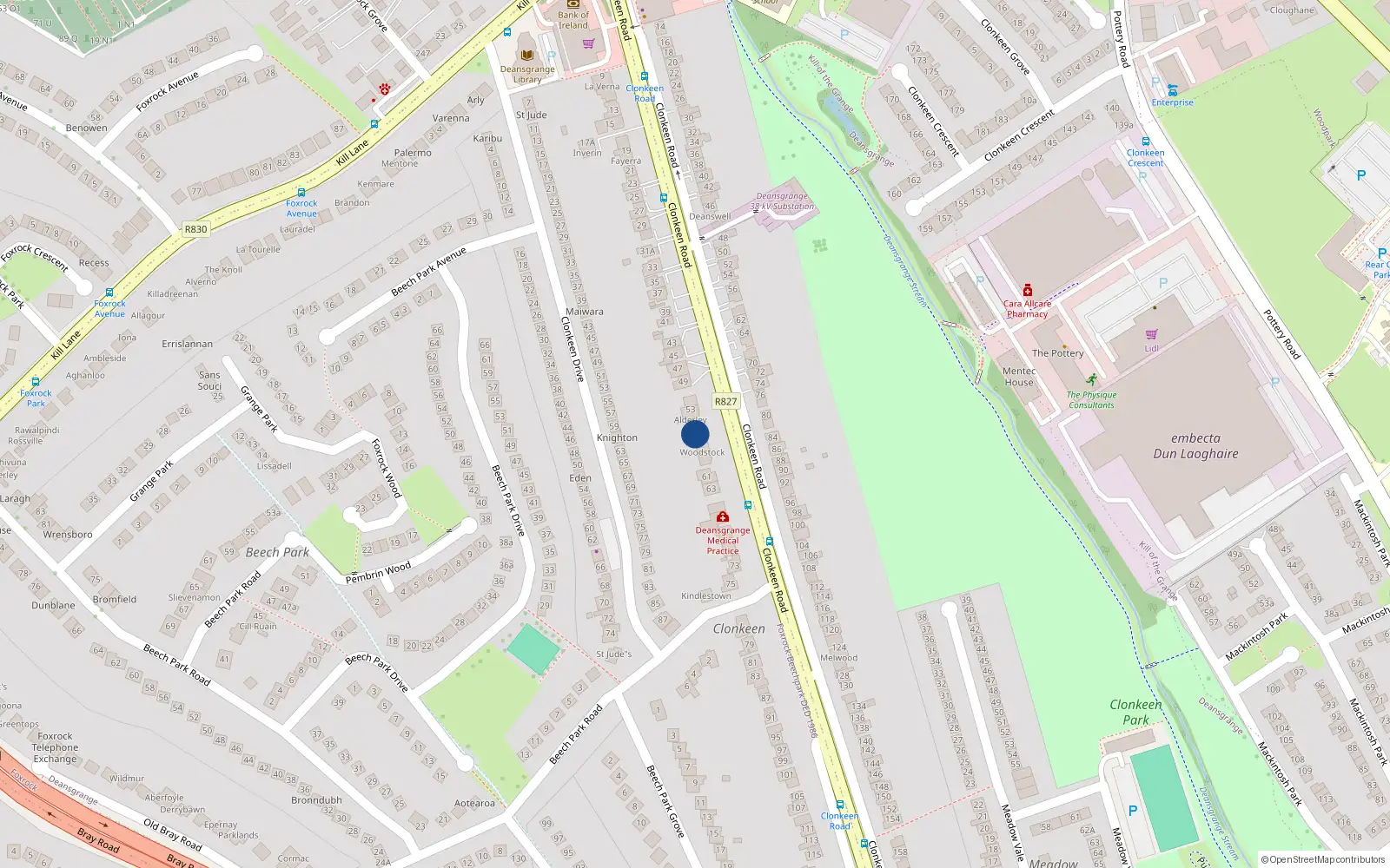 Overhead map showing the location of 55 Clonkeen Road, Deans Grange, Dublin