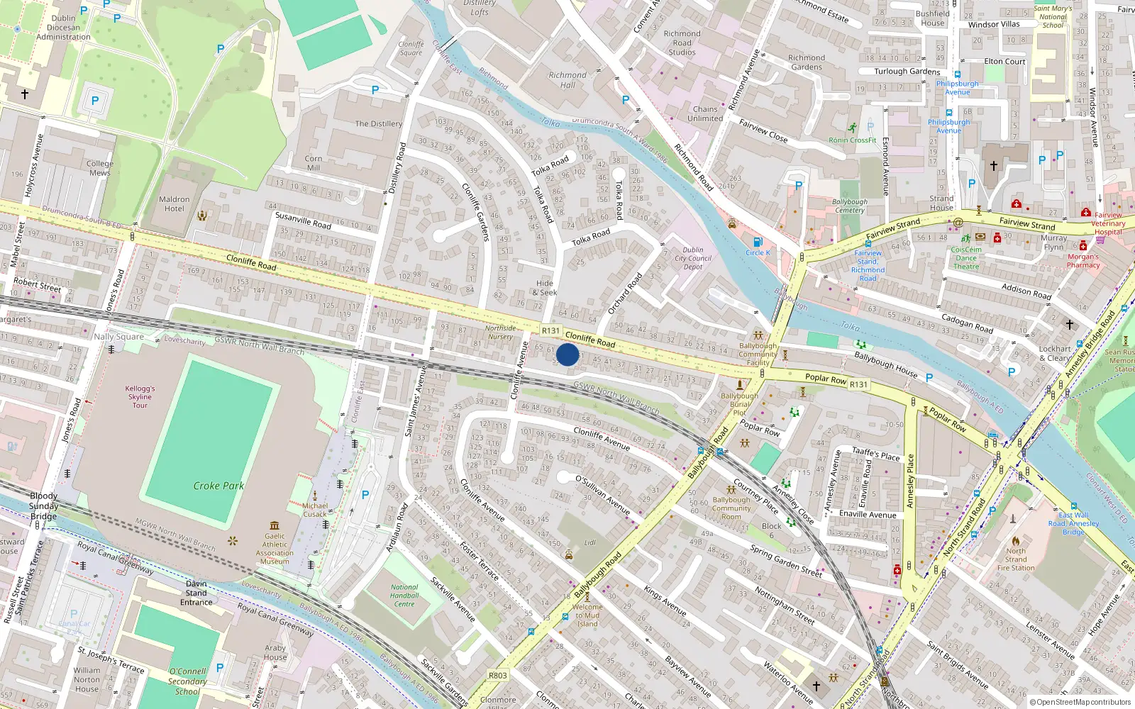 Overhead map showing the location of 55 Clonliffe Road, Dublin 3