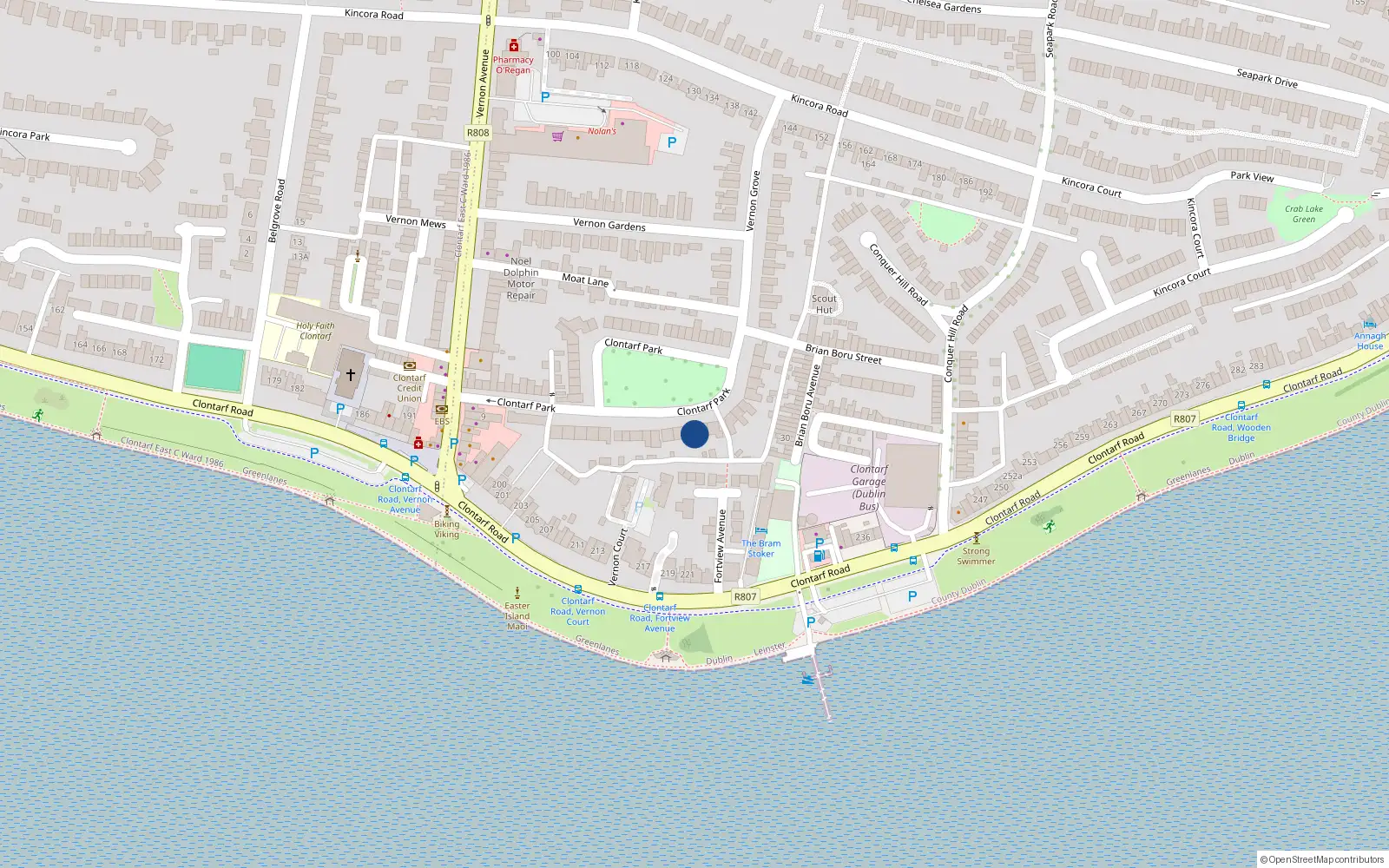 Overhead map showing the location of 55 Clontarf Park, Dublin 3
