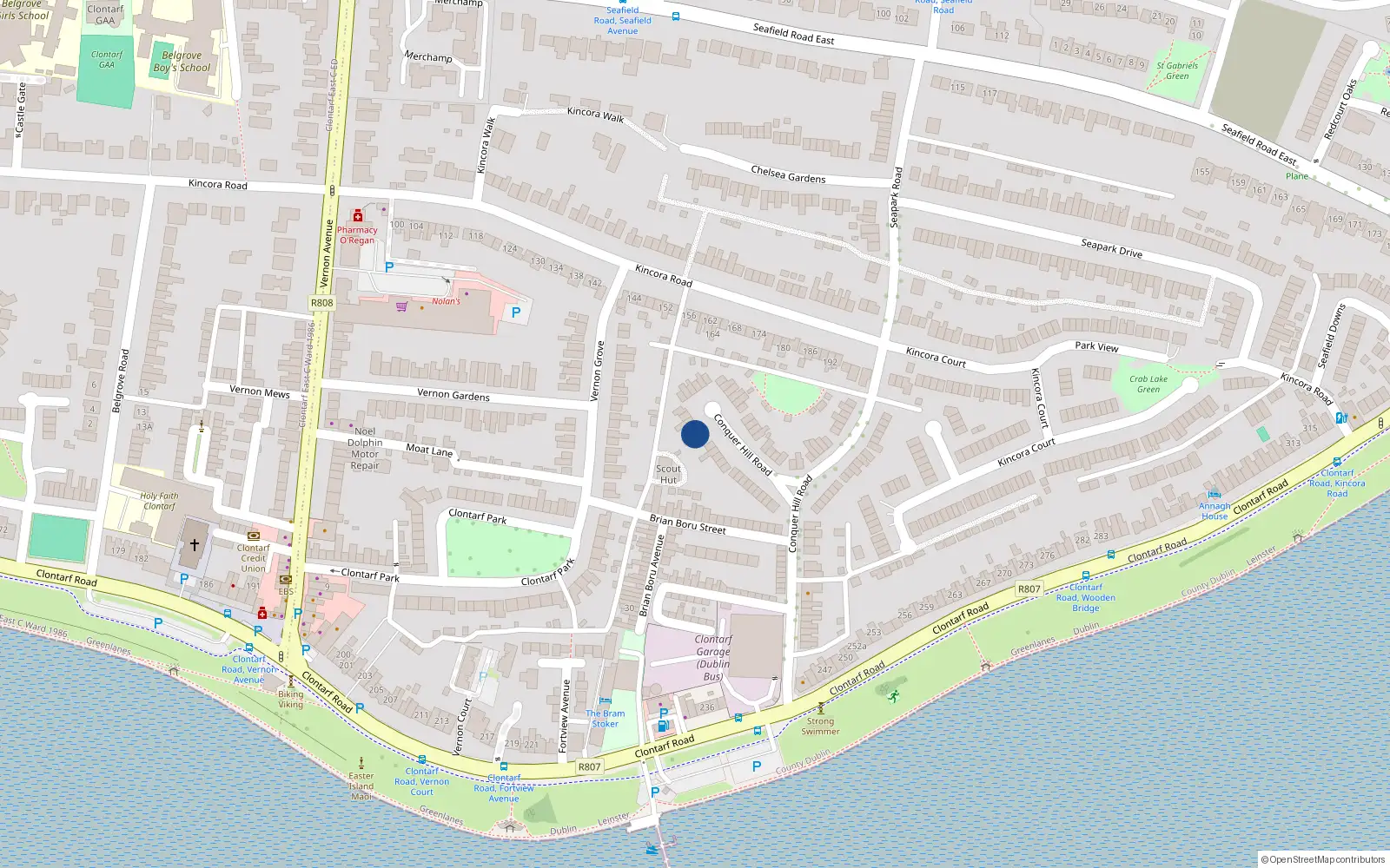 Overhead map showing the location of 55 Conquer Hill Road, Clontarf, Dublin 3