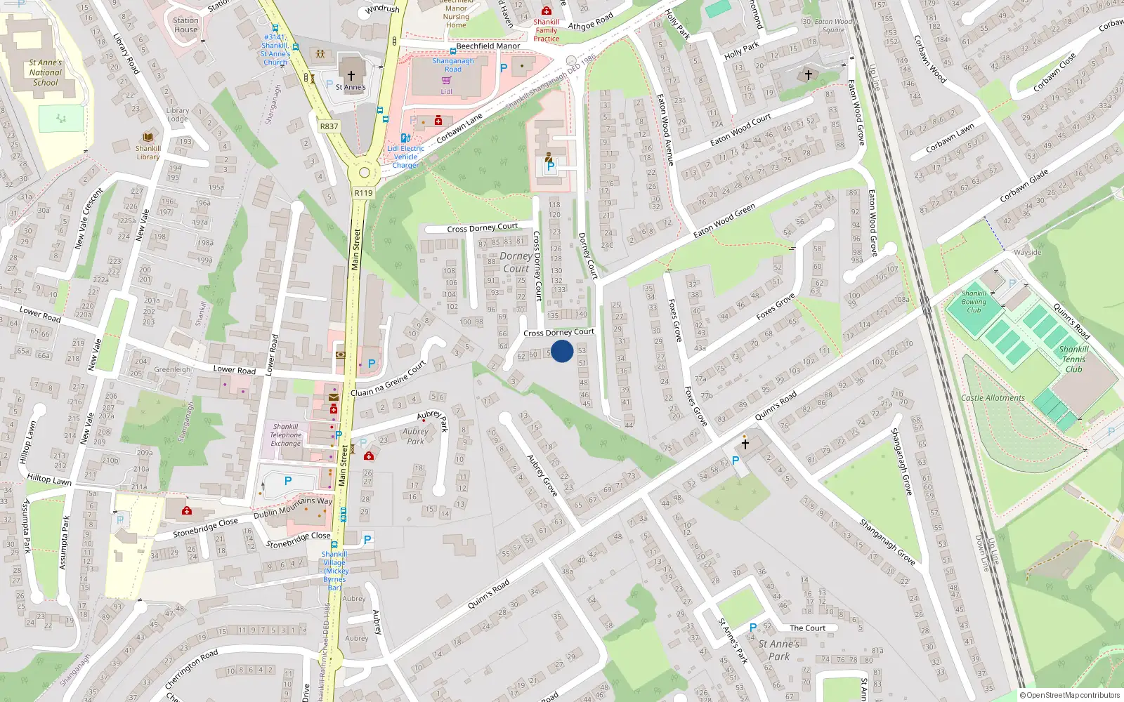 Overhead map showing the location of 55 Dorney Court, Shankill