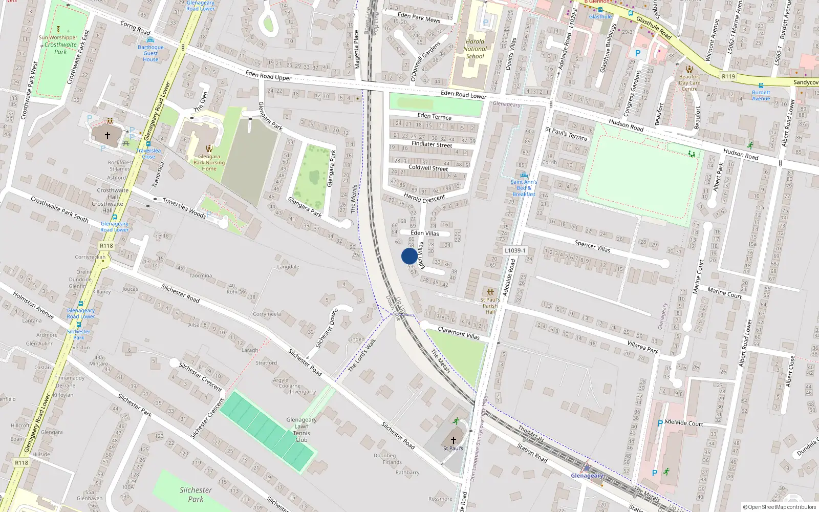 Overhead map showing the location of 55 Eden Villas, Dun Laoghaire