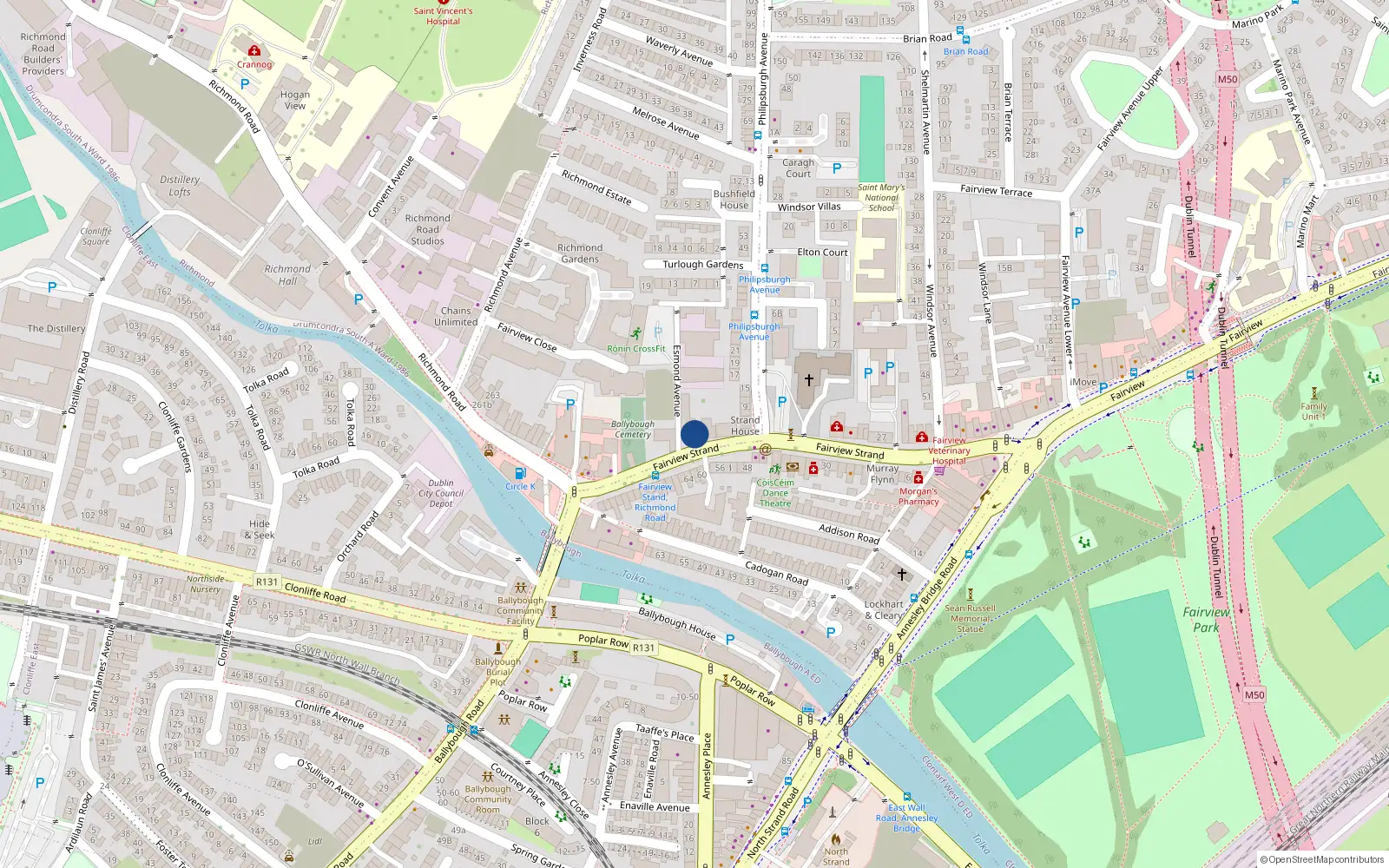 Overhead map showing the location of 55 Fairview Strand, Dublin 3