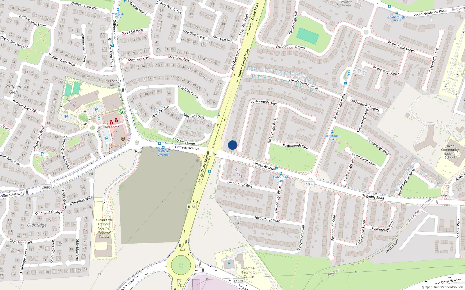 Overhead map showing the location of 55 Foxborough Drive, Lucan, Dublin