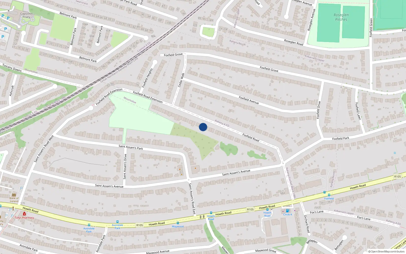 Overhead map showing the location of 55 Foxfield Road, Raheny, Dublin 5