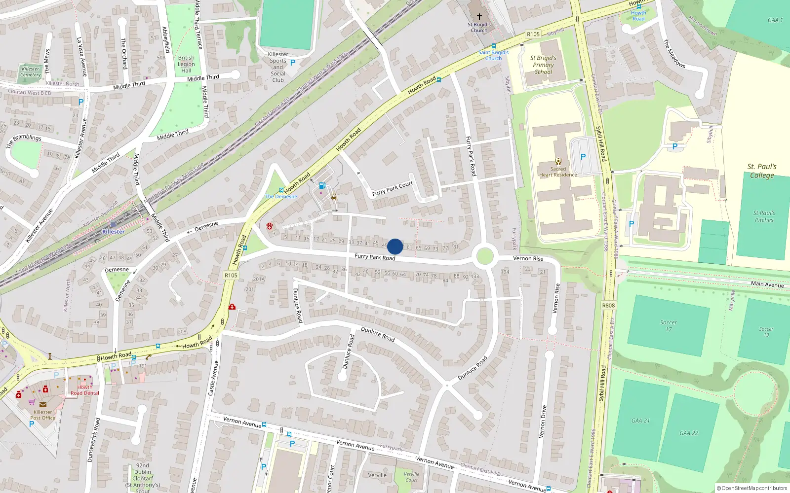 Overhead map showing the location of 55 Furry Park Road, Killester, Dublin 5