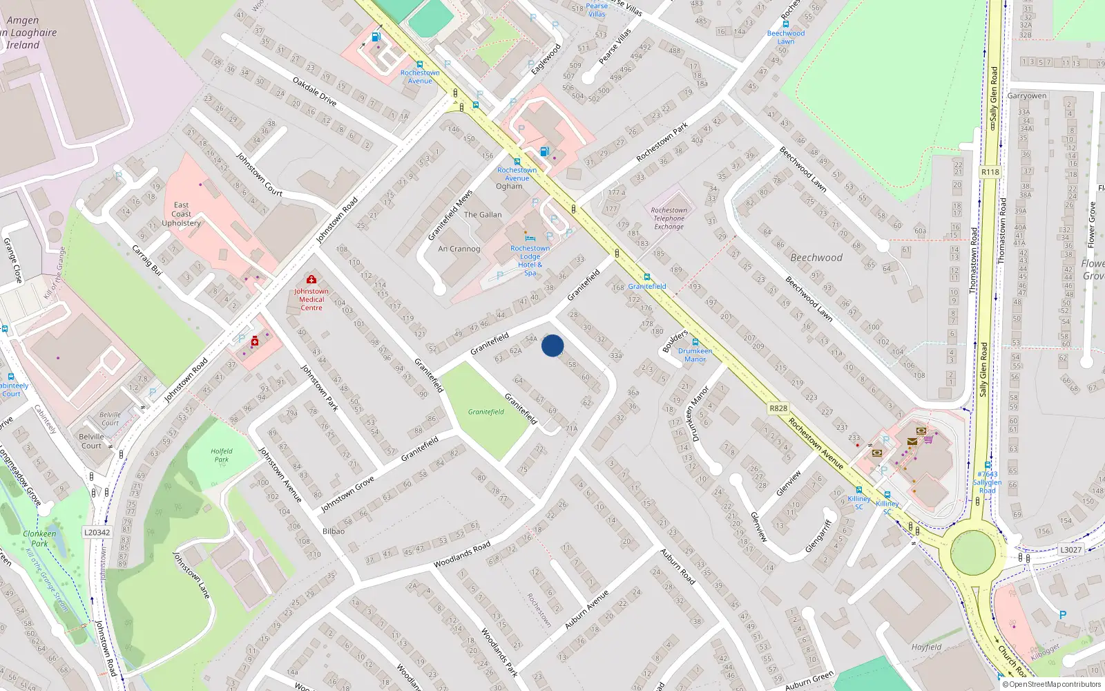 Overhead map showing the location of 55 Granitefield, Dun Laoghaire, Dublin