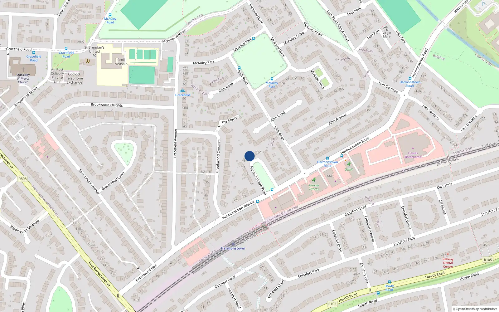 Overhead map showing the location of 55 Harmonstown Road, Artane, Dublin 5