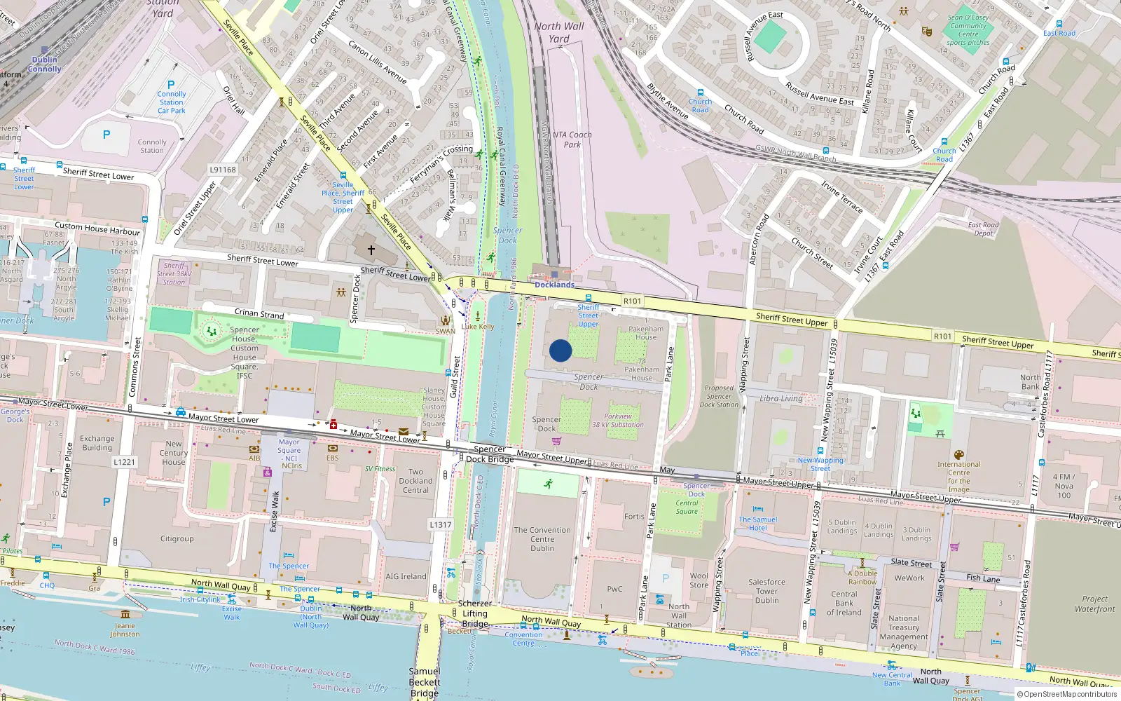 Overhead map showing the location of 55 Hill of Down House, Spencer Dock, Dublin 1