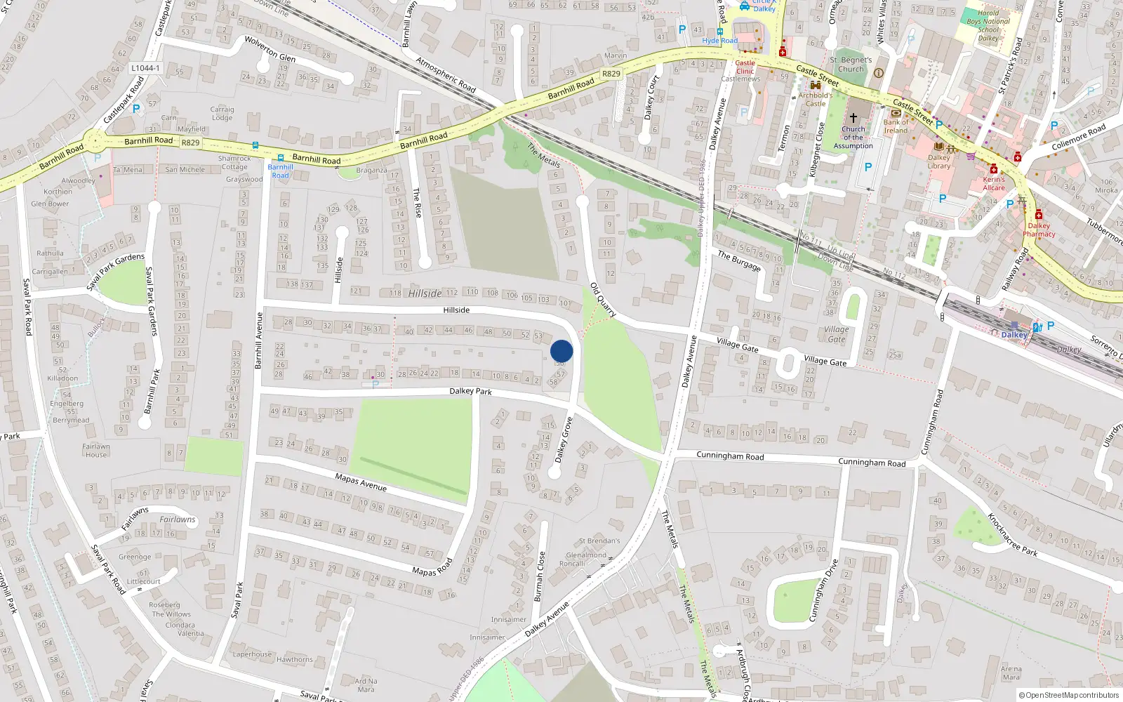 Overhead map showing the location of 55 Hillside, Dalkey