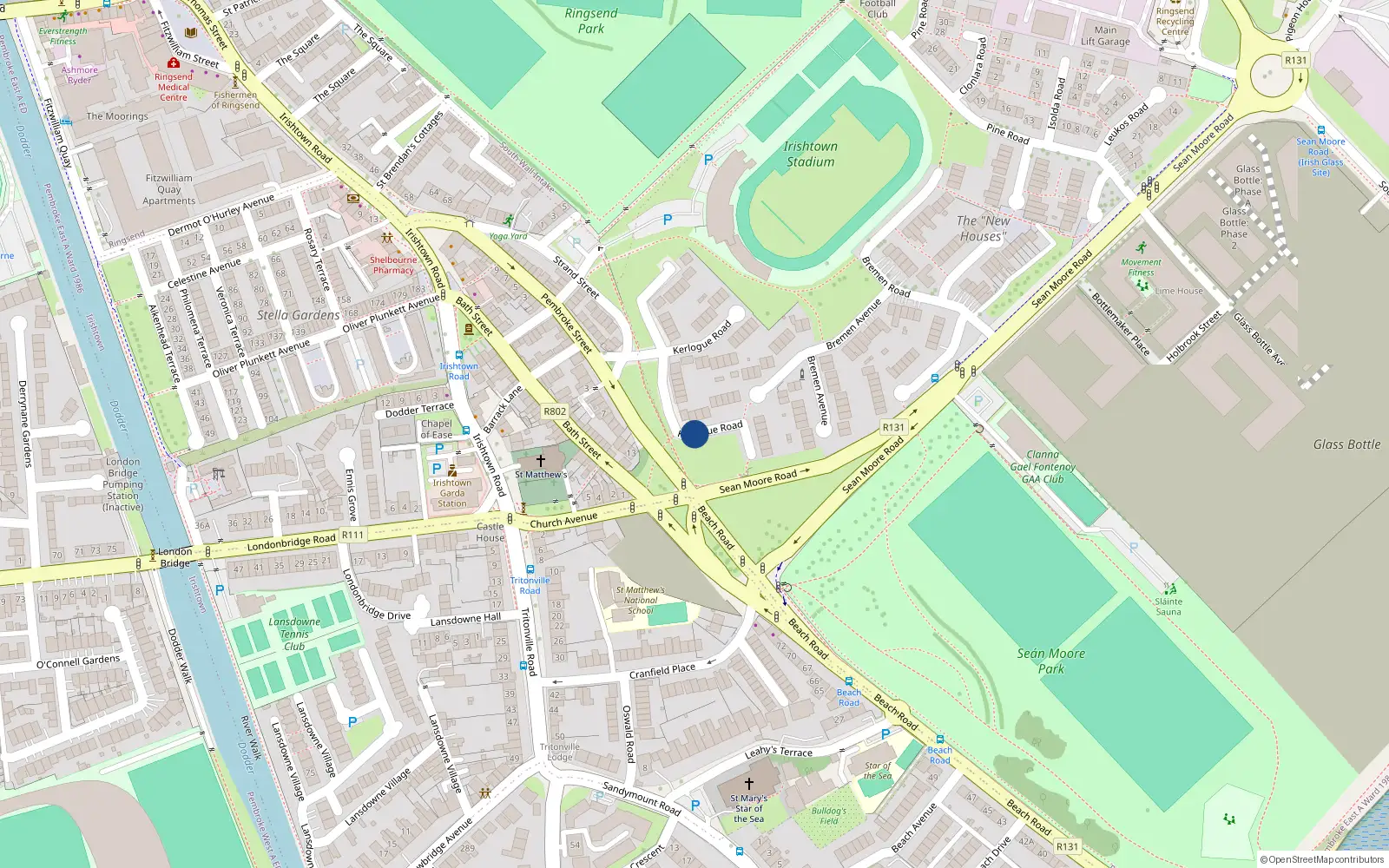 Overhead map showing the location of 55 Kerlogue Road, Dublin