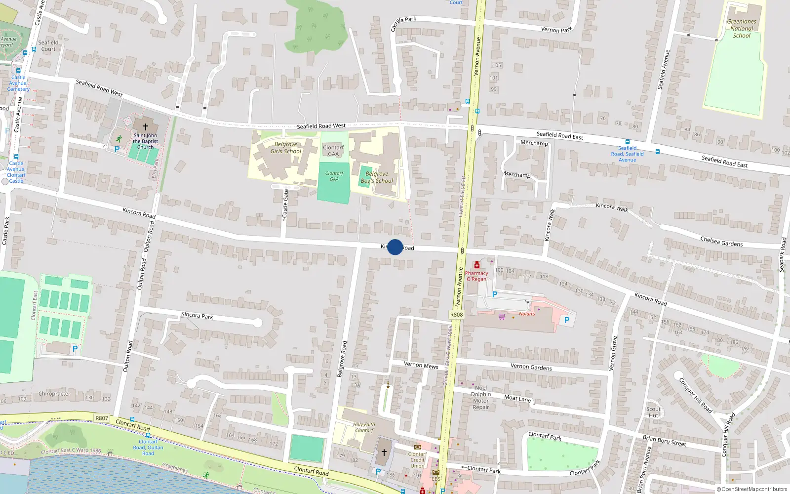 Overhead map showing the location of 55 Kincora Road, Clontarf