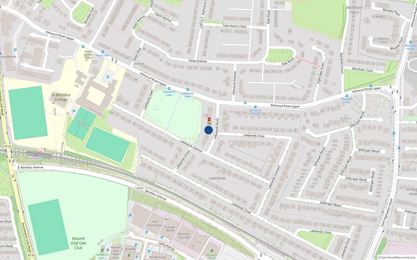 Overhead map showing the location of 55 Lakelands Road, Stillorgan