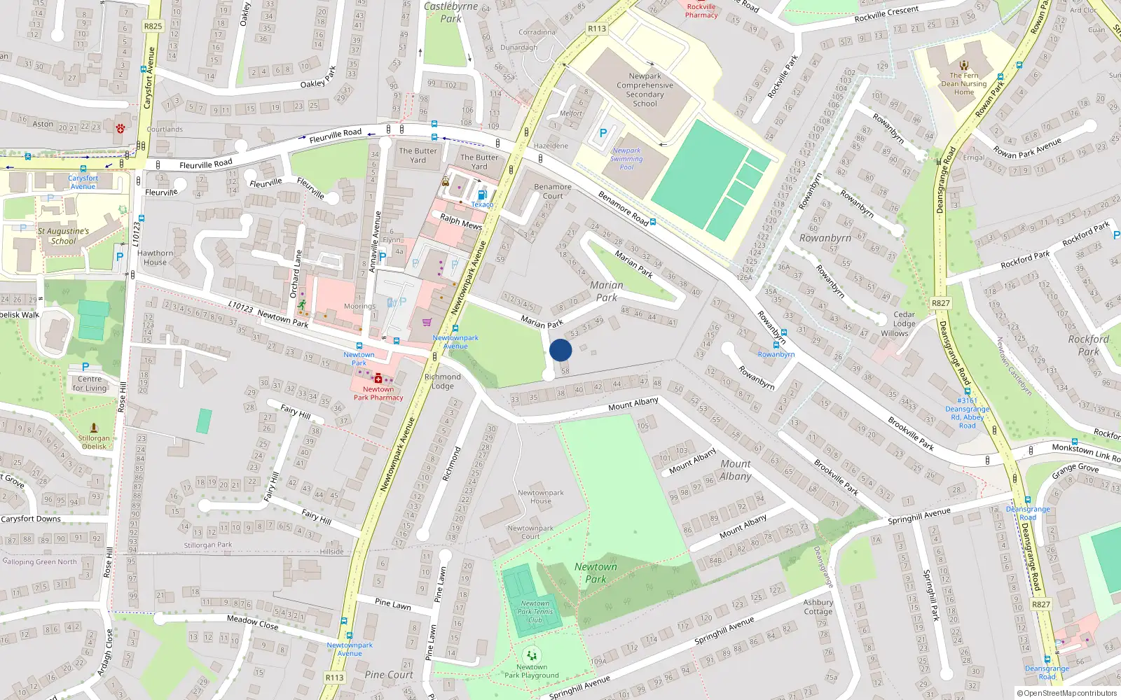 Overhead map showing the location of 55 Marian Park, Blackrock