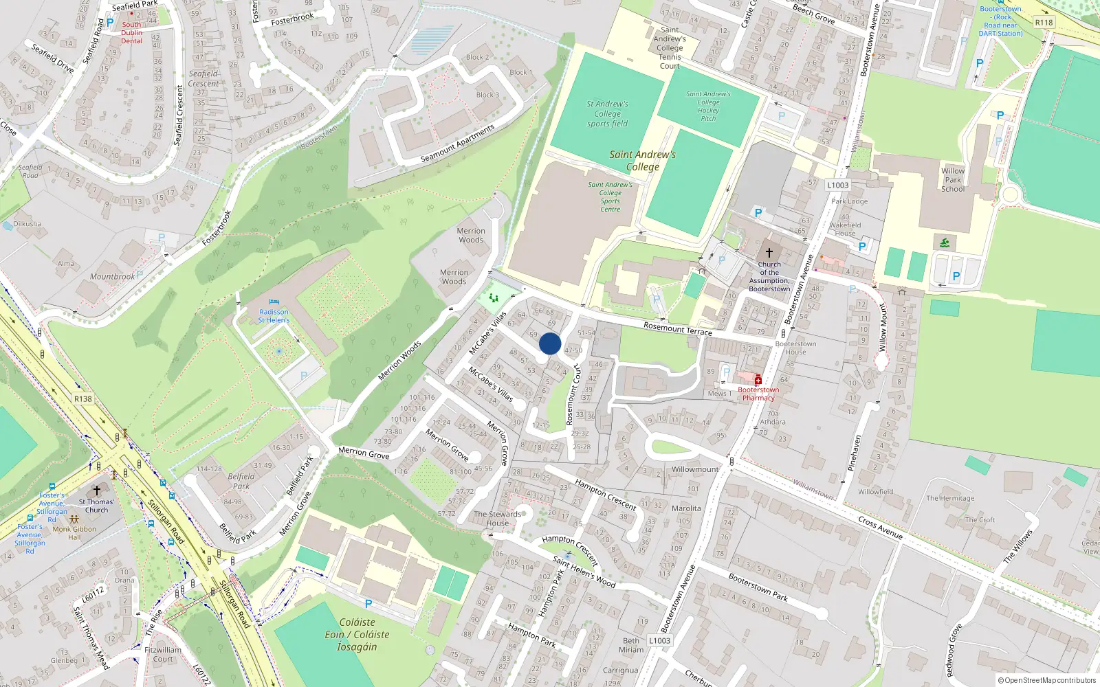 Overhead map showing the location of 55 McCabe's Villas, Booterstown