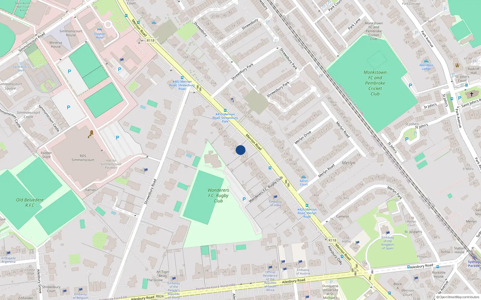 Overhead map showing the location of 55 Merrion Road, Ballsbridge