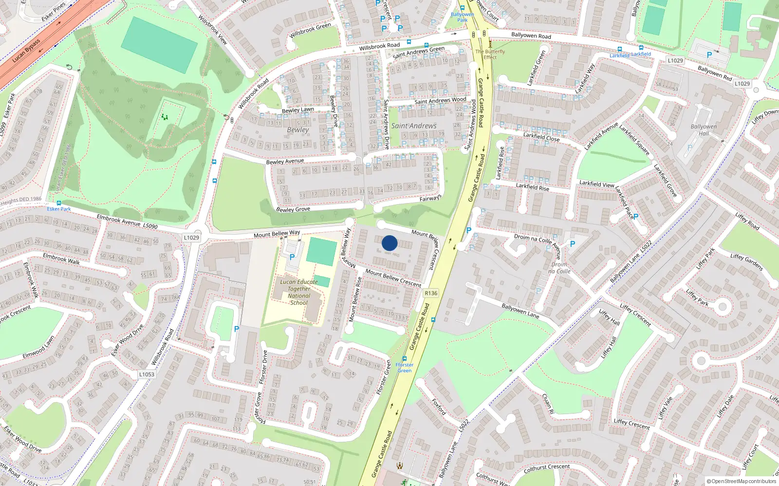 Overhead map showing the location of 55 Mount Bellew Crescent, Lucan, Dublin
