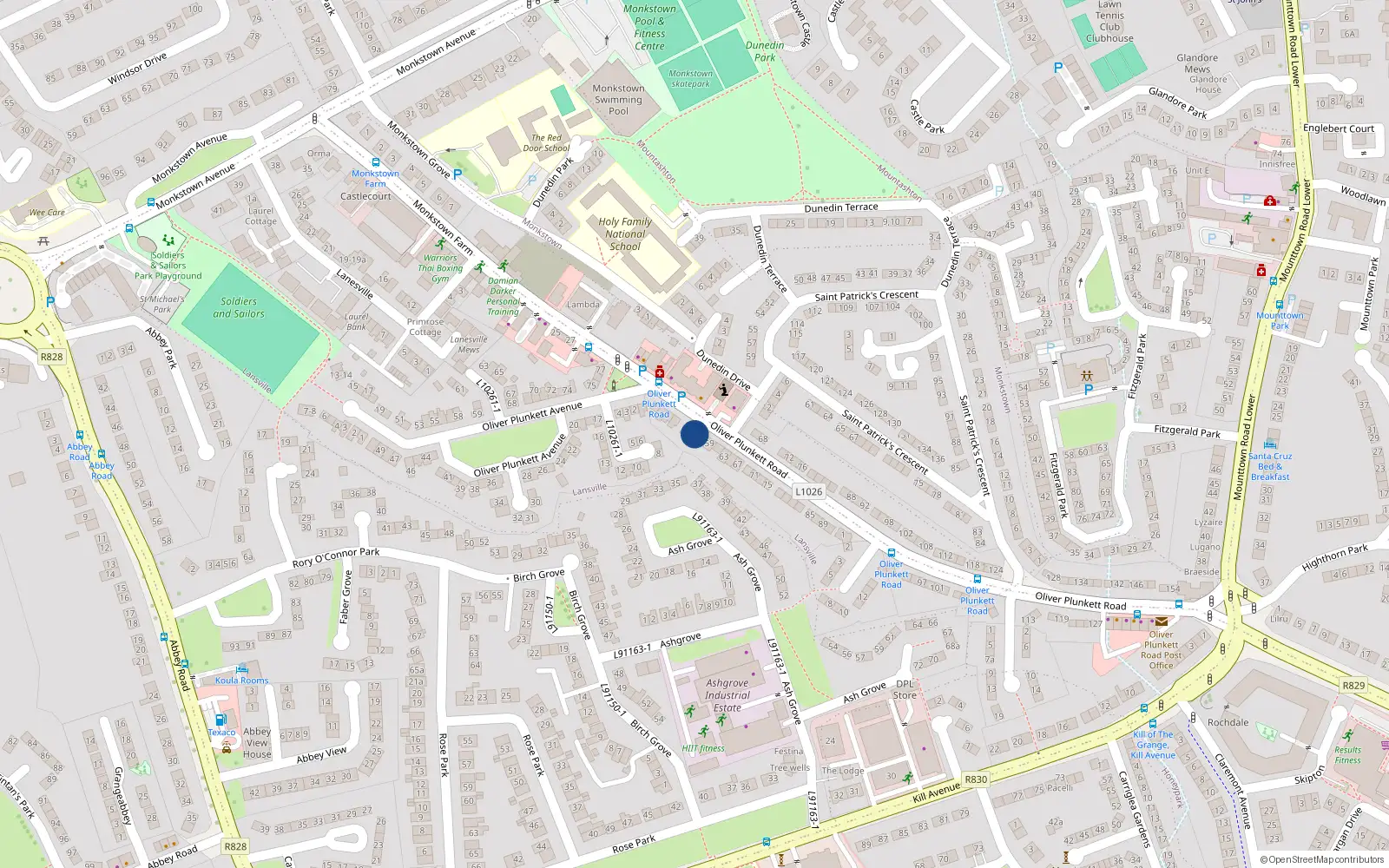 Overhead map showing the location of 55 Oliver Plunkett Road, Dun Laoghaire, Dublin