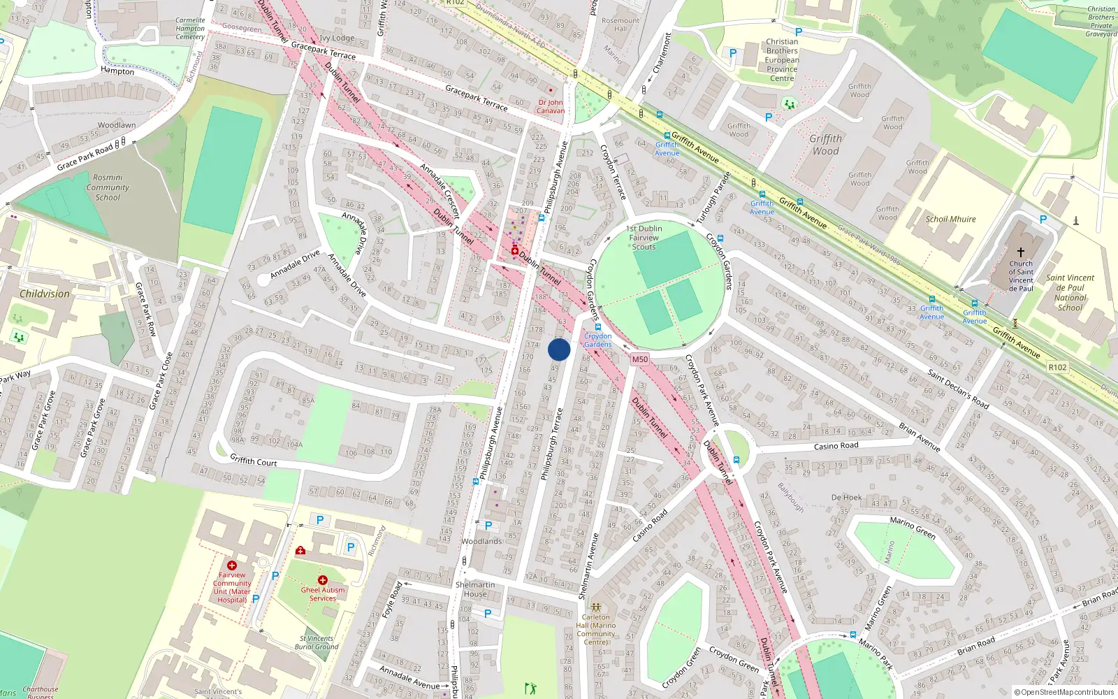 Overhead map showing the location of 55 Philipsburgh Terrace, Dublin 3