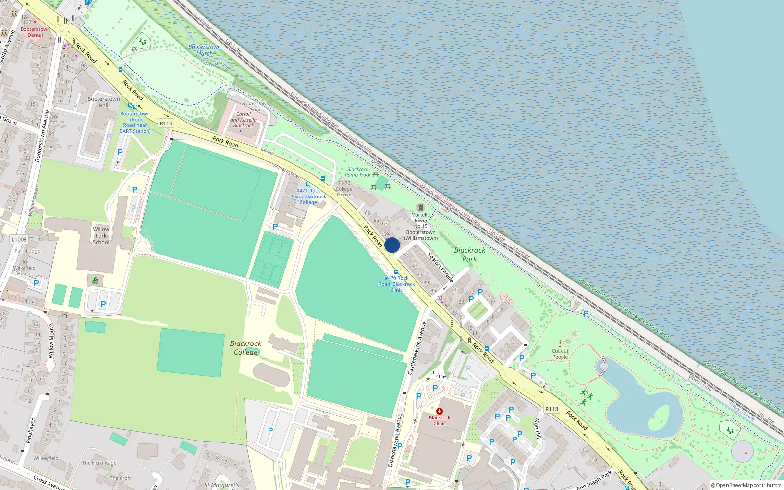 Overhead map showing the location of 55 Rock Road, Blackrock, Dublin