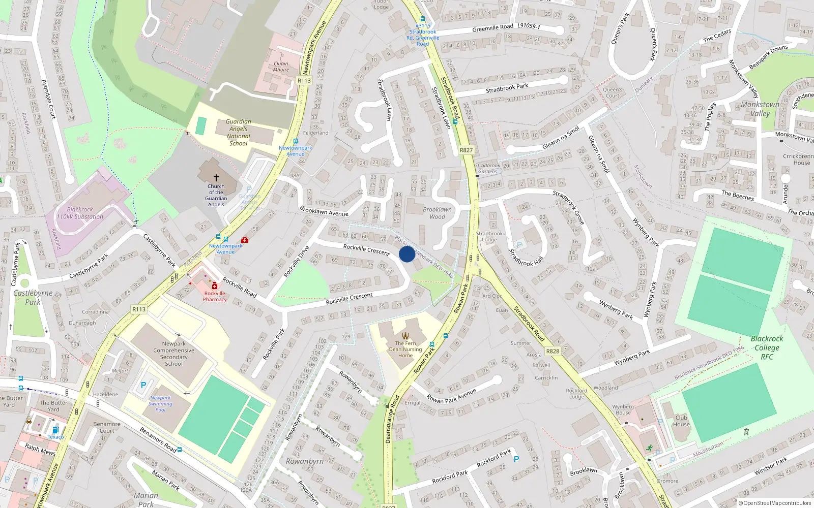 Overhead map showing the location of 55 Rockville Crescent, Blackrock