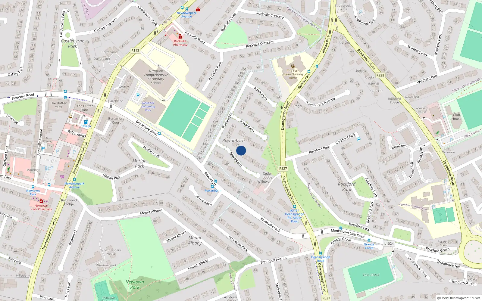 Overhead map showing the location of 55 Rowanbyrn, Blackrock
