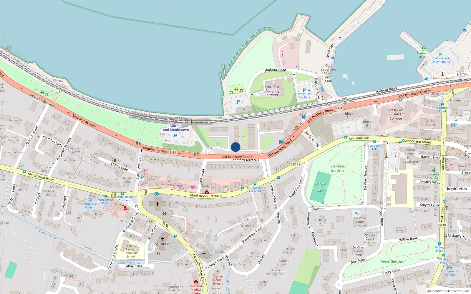 Overhead map showing the location of 55 Salthill, Seapoint Avenue, Monkstown