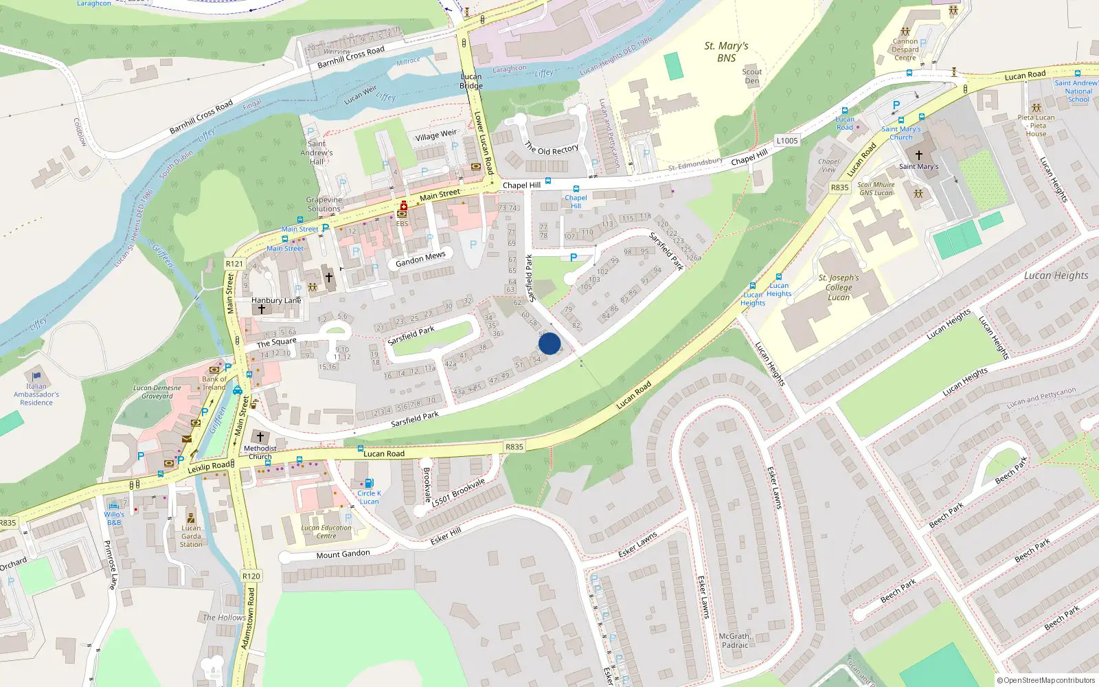 Overhead map showing the location of 55 Sarsfield Park, Lucan, Dublin