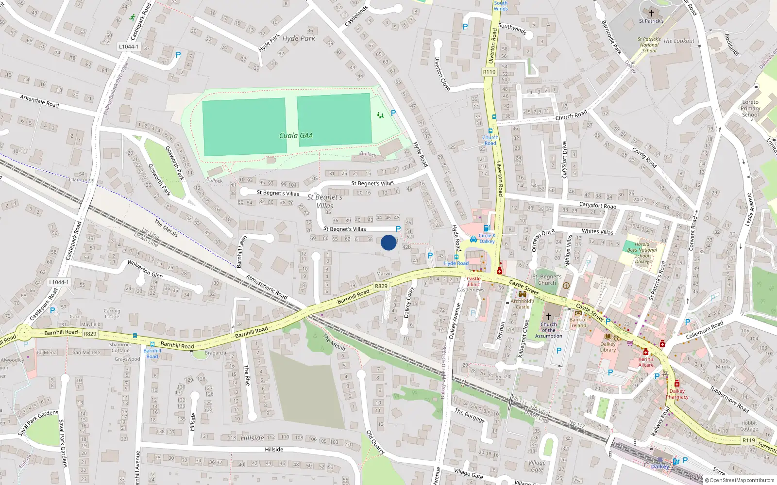 Overhead map showing the location of 55 St. Begnets Villas, Dalkey