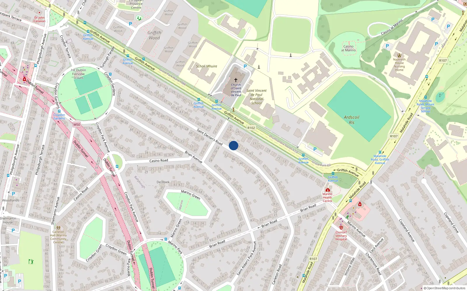 Overhead map showing the location of 55 Saint Declan's Road, Dublin 3