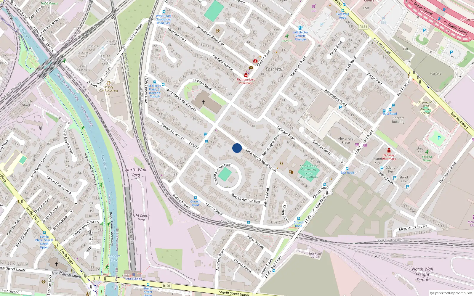 Overhead map showing the location of 55 St Marys Road, East Wall, Dublin 3